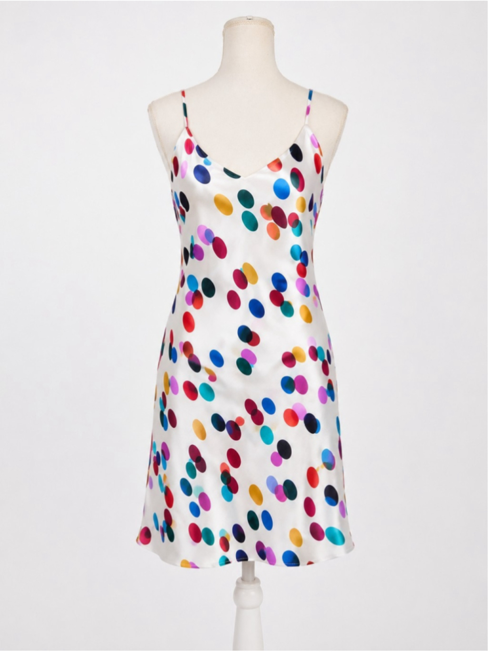 Vanessa Mooney White Multicolor Polka Dot Satin Slip Dress Sz M V Neck Art Pop